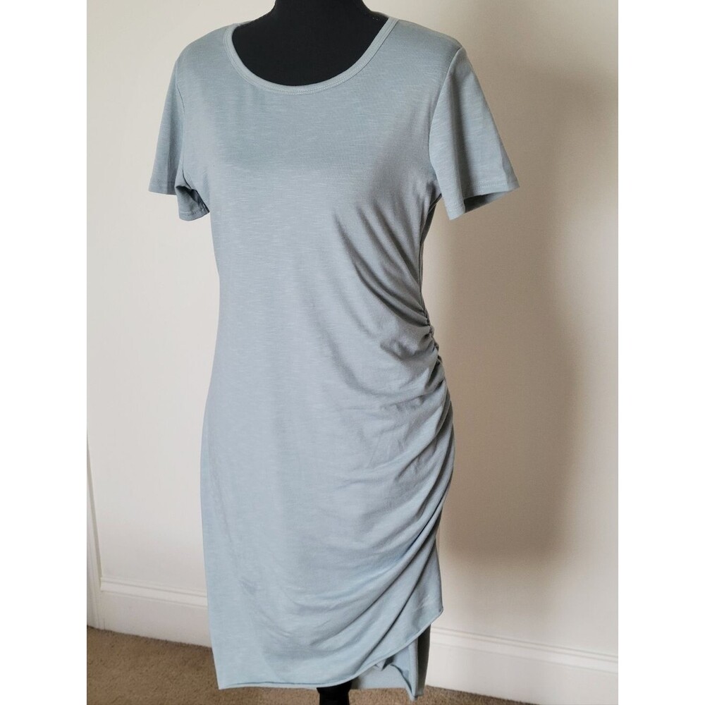 Light Blue Ruched Side Crewneck Mini T-Shirt Dress Sporty Casual Chic - Medium